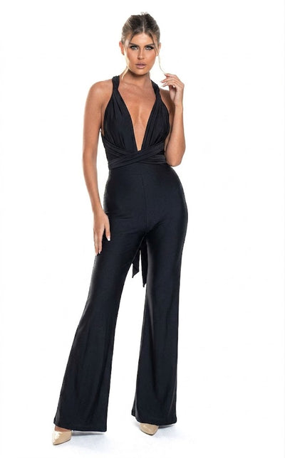 Backless Halter Wide-Leg Plunge-Neck Evening Jumpsuit with Crisscross Back by Jessica Angel 849