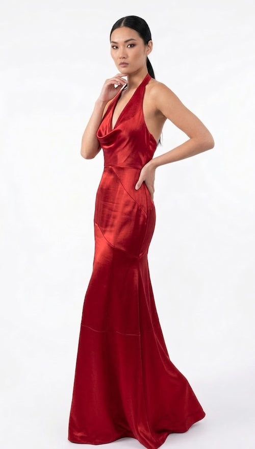 Satin Halter Neck Open Back Formal Gown with Draped Bodice Floor Length Dress by Jovani 45461