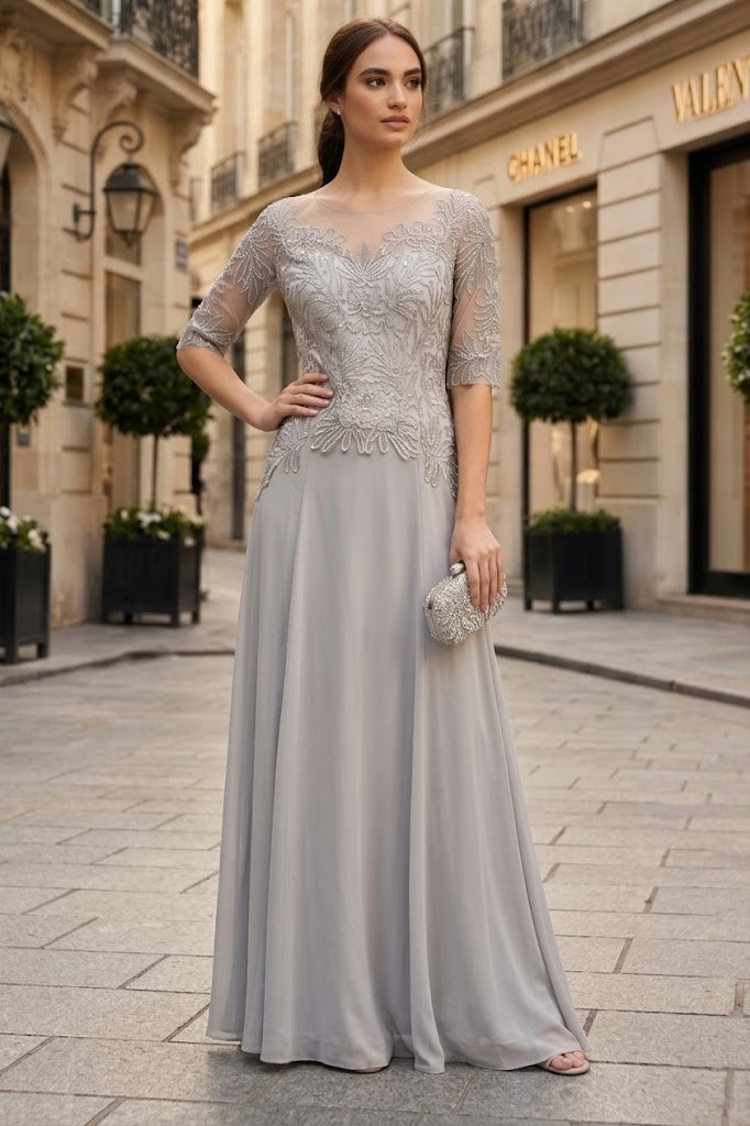 Women’s Long Embellished Formal Dress with Sheer Sleeves and Beaded Lace Bodice By Eva USA 5222