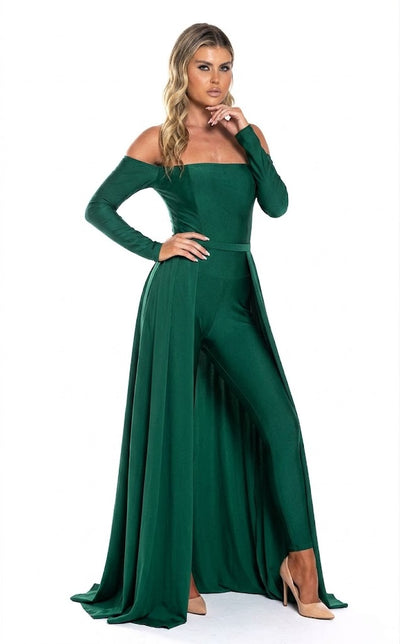 Off Shoulder Long-Sleeve Evening Jumpsuit with Open Lace-Up Back by Jessica Angel 877