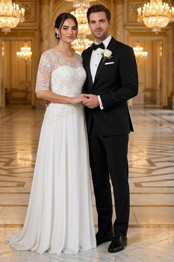 White Beaded Lace Bridal Gown with Sheer Sleeves and Flowing Chiffon Skirt By Eva USA 5222 (Copy)
