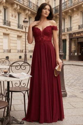 Burgundy Bridesmaid Dresses-Inexpensive Chiffon Off Shoulder MQ1714