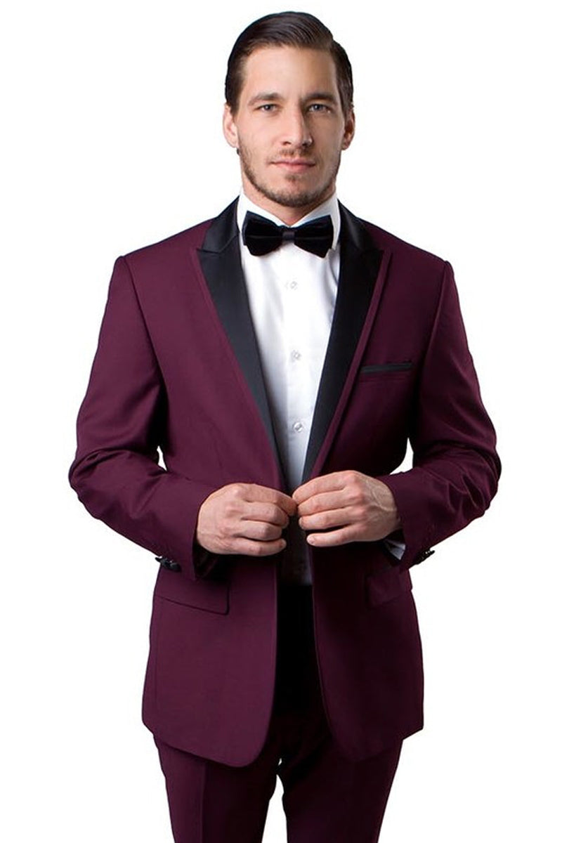 Esmoquin de corte entallado para hombre, con un botón y ribete de satén, solapa de pico, para graduación y boda, en burdeos