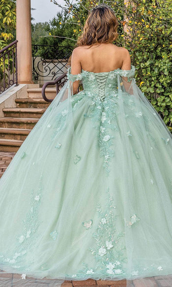 Dancing Queen 1838 - Floral Appliqued Cape Sleeve Ballgown Quinceanera Dresses XS / Sage