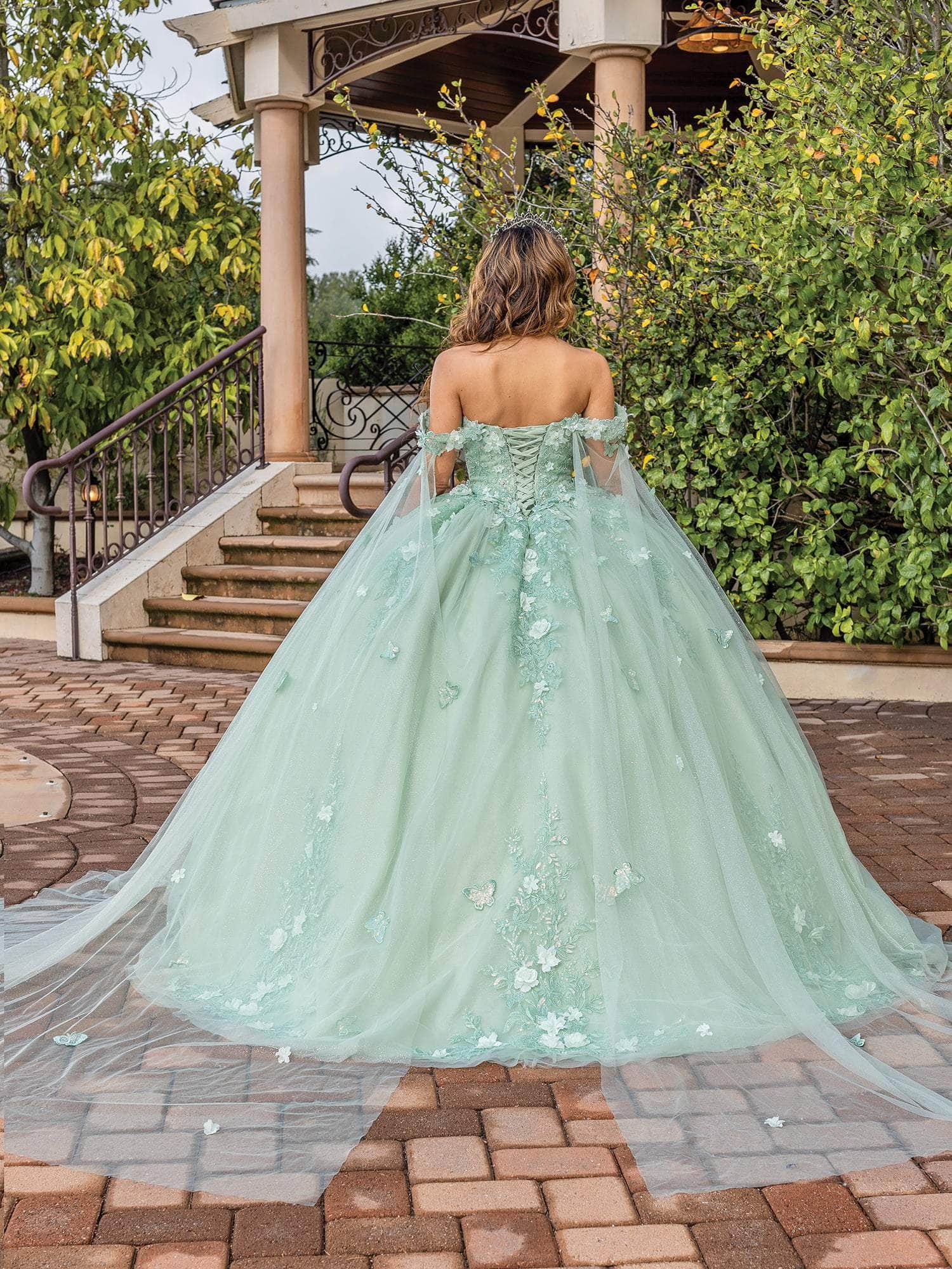 Dancing Queen 1838 - Floral Appliqued Cape Sleeve Ballgown Quinceanera Dresses XS / Sage