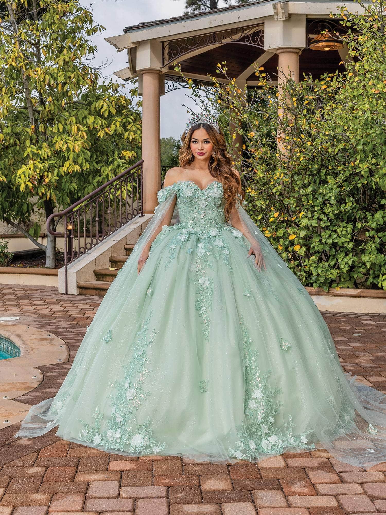 Dancing Queen 1838 - Floral Appliqued Cape Sleeve Ballgown Quinceanera Dresses XS / Sage