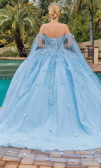 Dancing Queen 1889 - Cape Sleeve Butterfly Appliqued Ballgown Ball Gowns XS / Bahama Blue