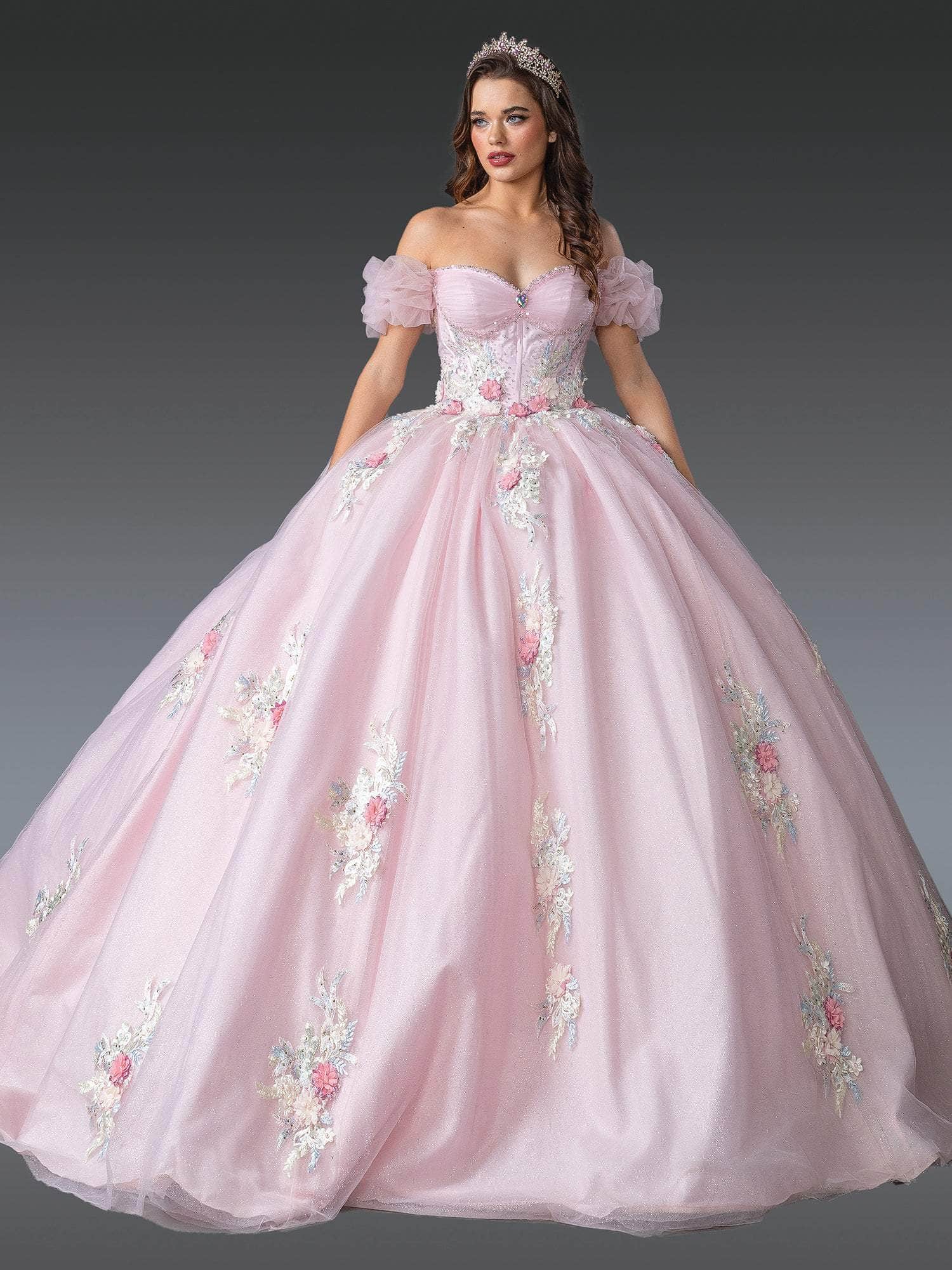 Dancing Queen 1900 - Short Puff Sleeve Embroidered Ballgown Quinceanera Dresses XS / Blush