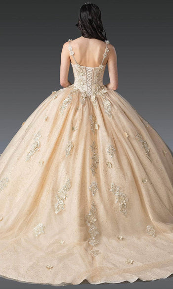 Dancing Queen 1915 - Sleeveless Corset Bodice Floral Ballgown Quinceanera Dresses XS / Champagne