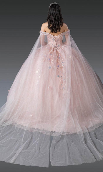 Dancing Queen 1919 - Butterfly Applique Ballgown with Sheer Cape Quinceanera Dresses XS / Blush