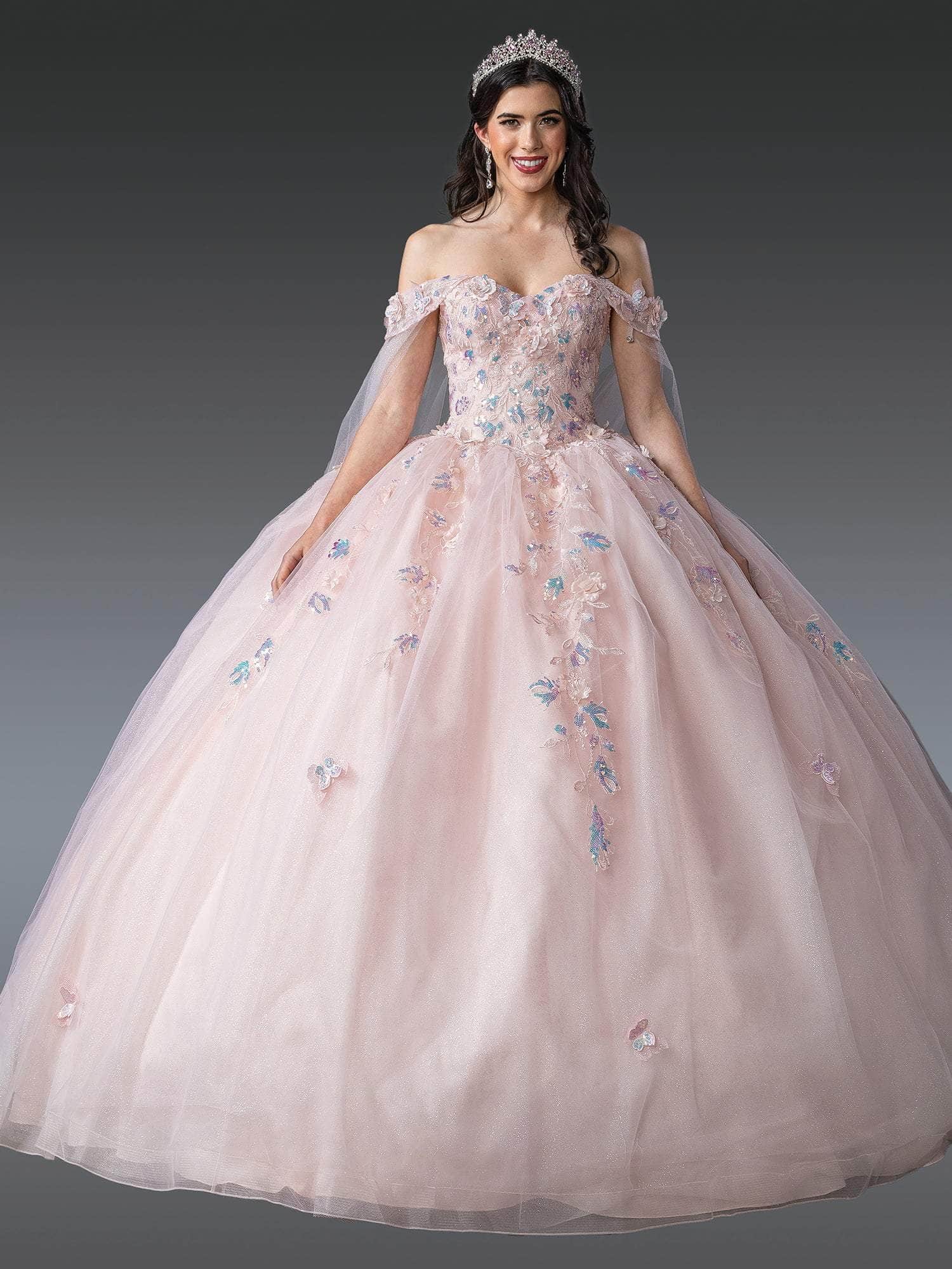 Dancing Queen 1919 - Butterfly Applique Ballgown with Sheer Cape Quinceanera Dresses XS / Blush