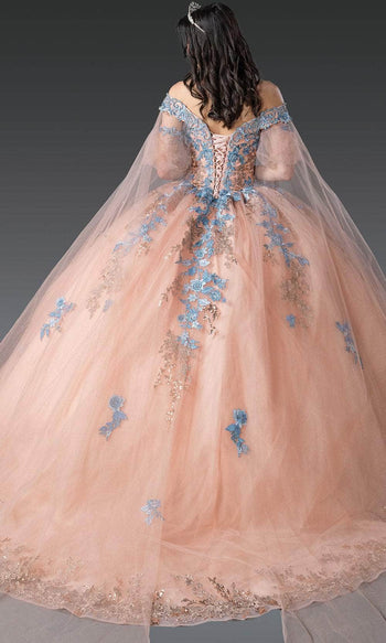 Dancing Queen 1921 - Floral Embroidered Ballgown with Sheer Cape Quinceanera Dresses XS / Rose Gold/Bahama Blue