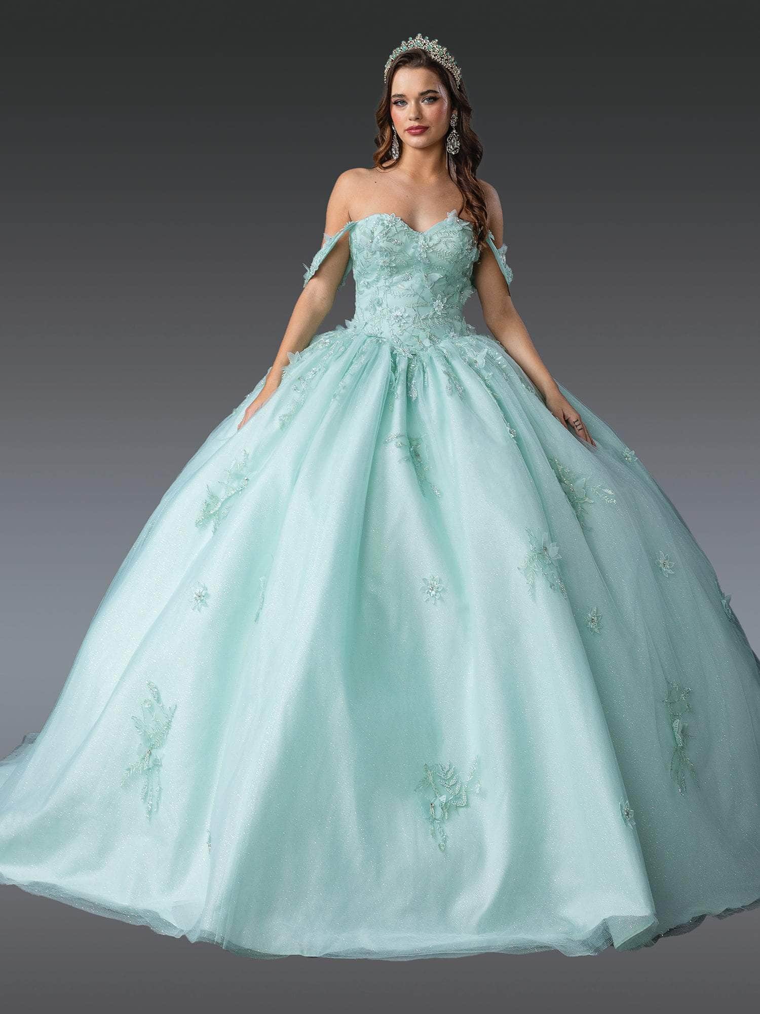 Dancing Queen 1922 - Embroidered Draped Off-Shoulder Gown Quinceanera Dresses XS / Light Mint