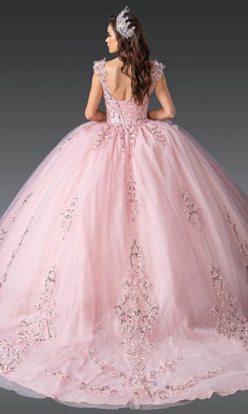 Dancing Queen 1925 - Cap Sleeve Floral Embroidered Ballgown Quinceanera Dresses XS / Blush