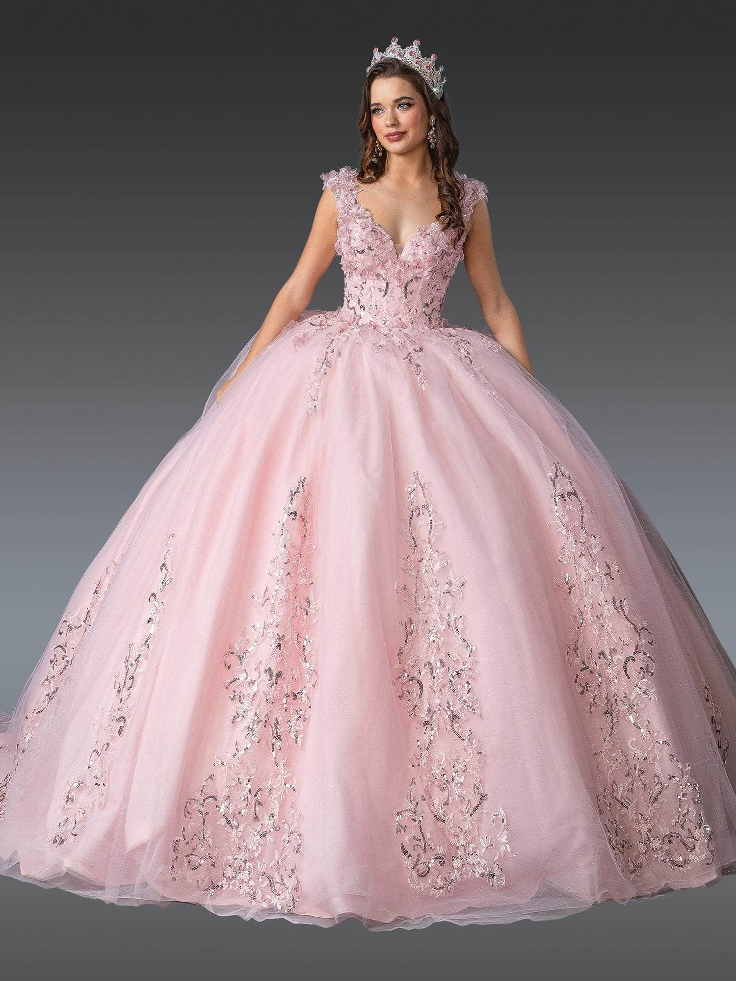 Dancing Queen 1925 - Cap Sleeve Floral Embroidered Ballgown Quinceanera Dresses XS / Blush