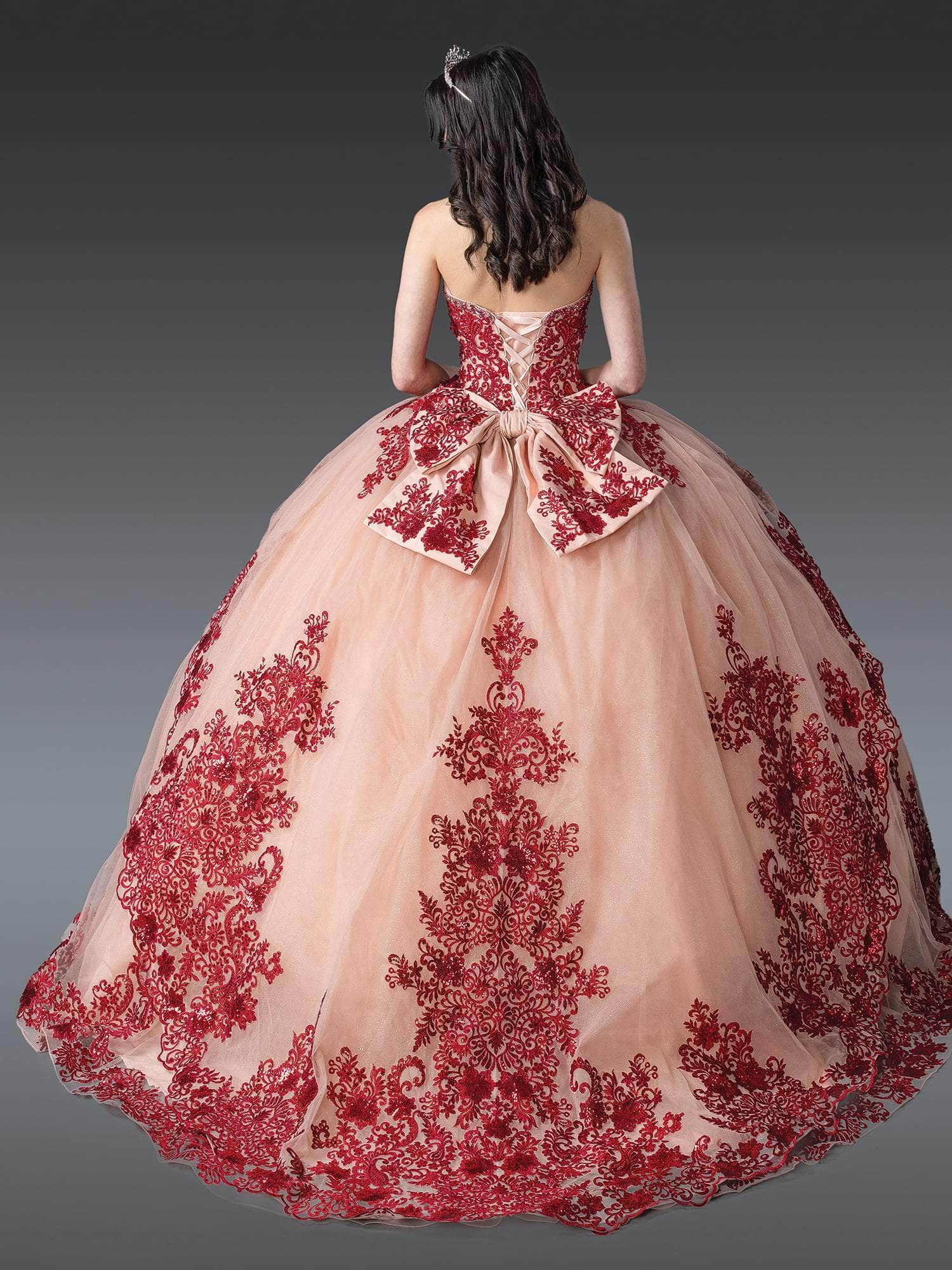Dancing Queen 1928 - Embroidered Glitter Strapless Ballgown Quinceanera Dresses XS / Rose Gold/Burgundy
