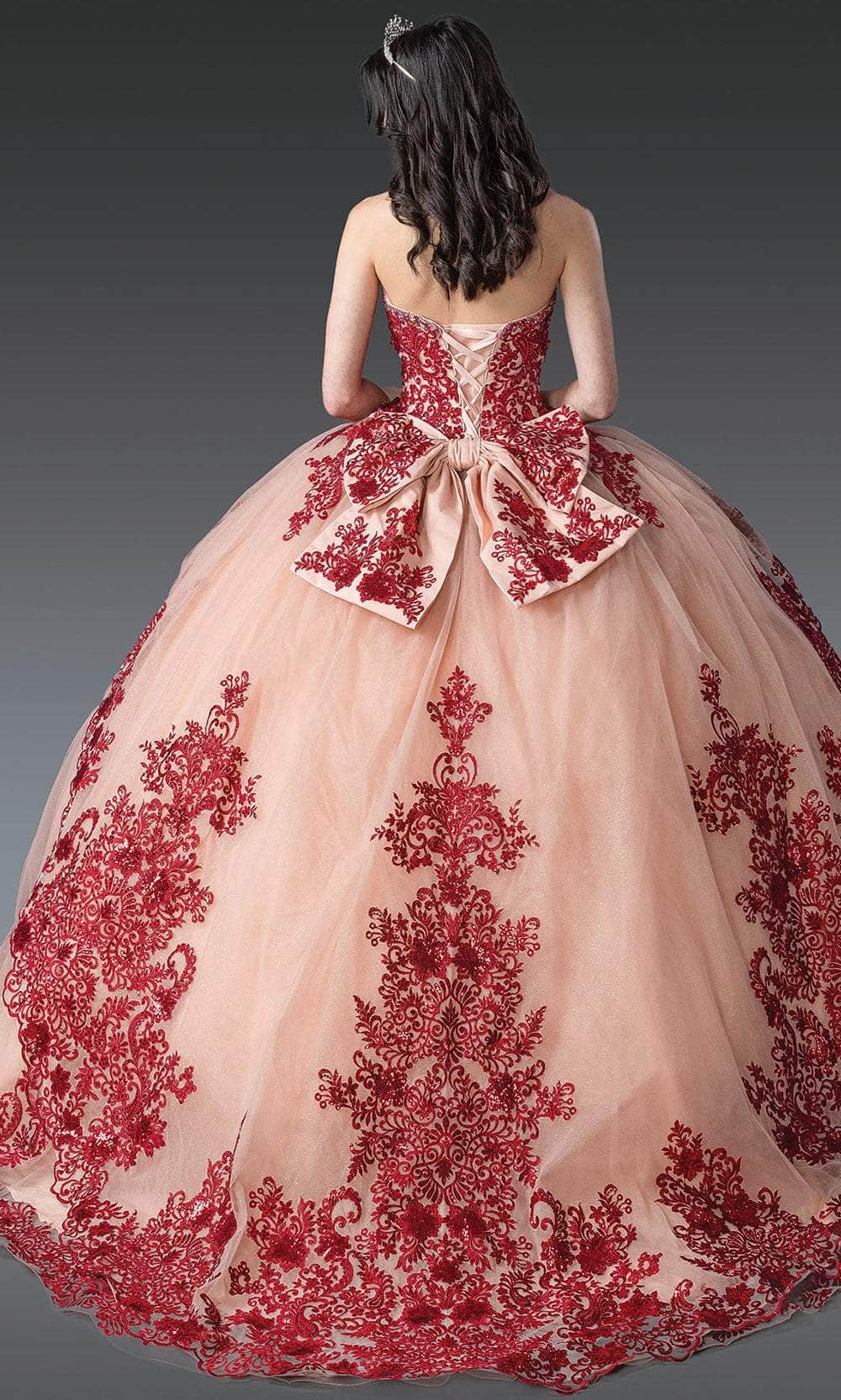 Dancing Queen 1928 - Embroidered Glitter Strapless Ballgown Quinceanera Dresses XS / Rose Gold/Burgundy
