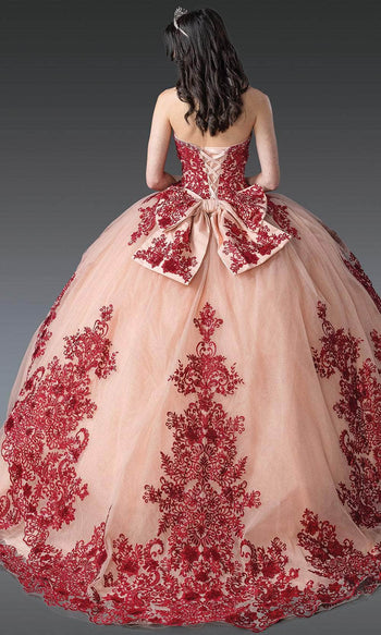 Dancing Queen 1928 - Embroidered Glitter Strapless Ballgown Quinceanera Dresses XS / Rose Gold/Burgundy