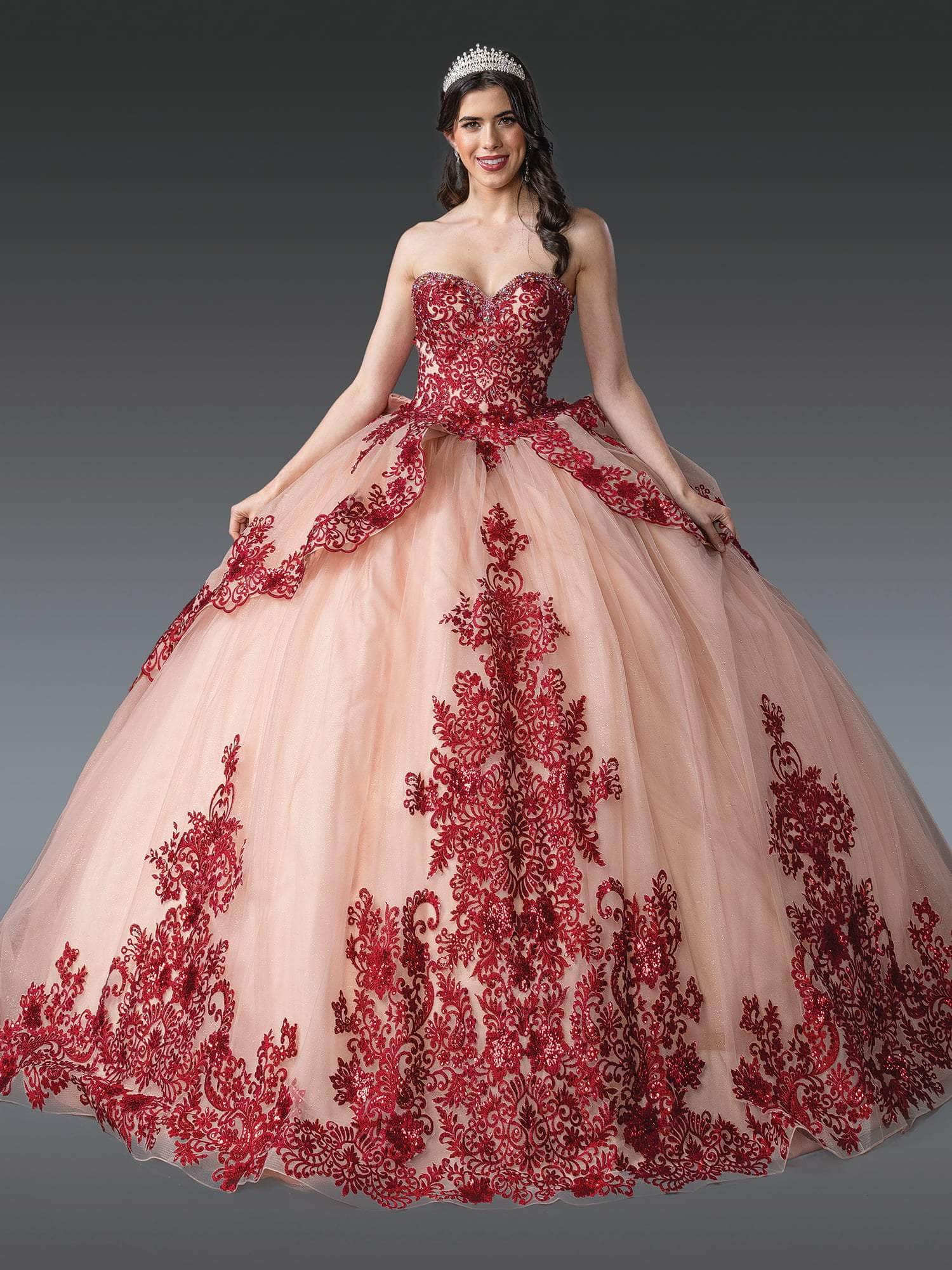 Dancing Queen 1928 - Embroidered Glitter Strapless Ballgown Quinceanera Dresses XS / Rose Gold/Burgundy