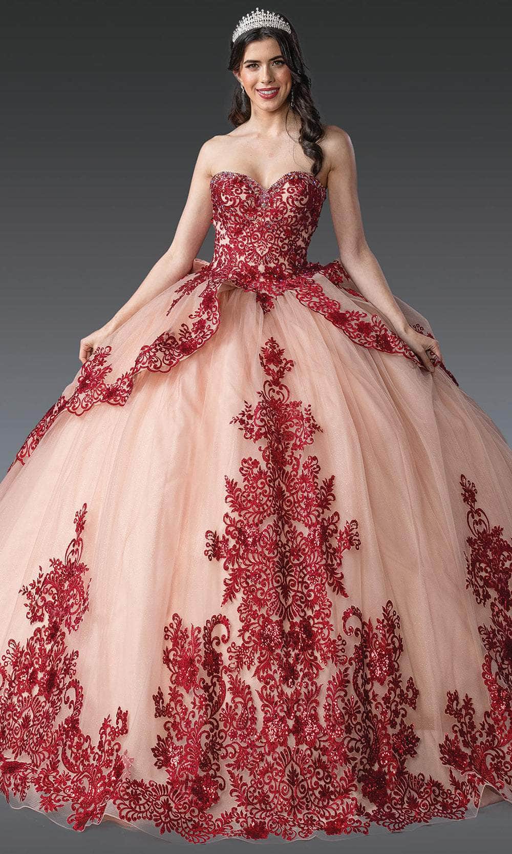 Dancing Queen 1928 - Embroidered Glitter Strapless Ballgown Quinceanera Dresses XS / Rose Gold/Burgundy