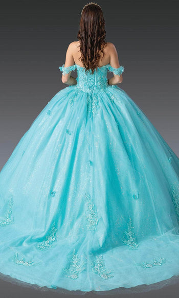 Dancing Queen 1930 - Off-Shoulder Butterfly Applique Ballgown Quinceanera Dresses XS / Aqua Marine