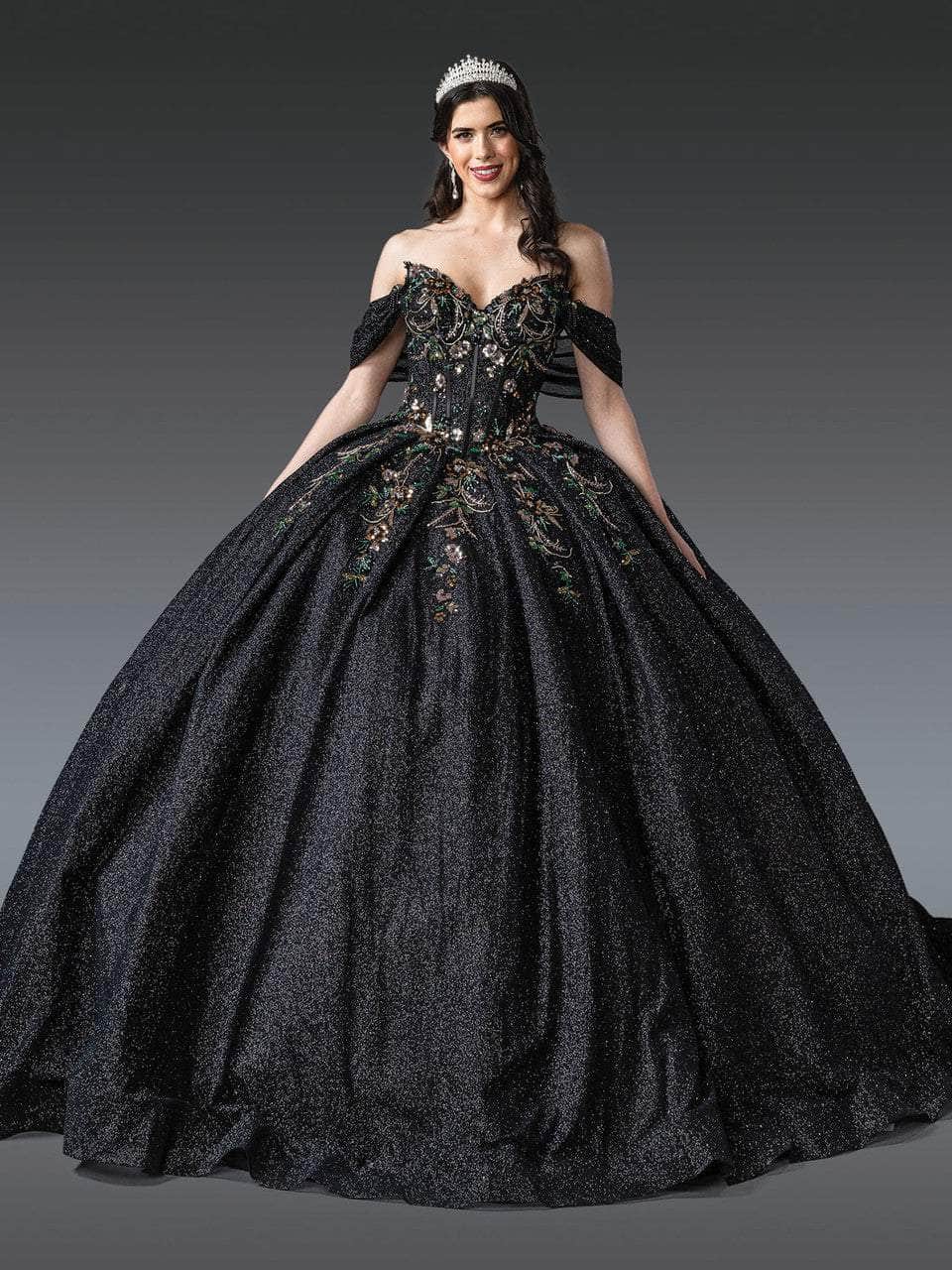 Dancing Queen 1939 - Glitter Embroidered V-Neck Ballgown Quinceanera Dresses XS / Black