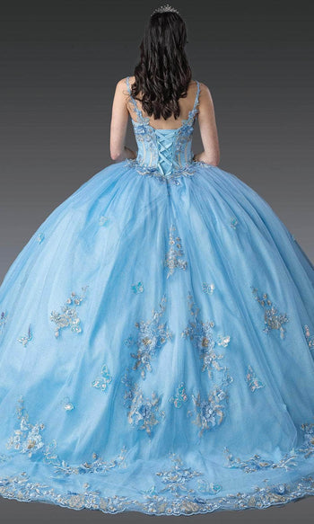 Dancing Queen 1942 - Butterfly Applique Corset Bodice Ballgown Quinceanera Dresses XS / Bahama Blue