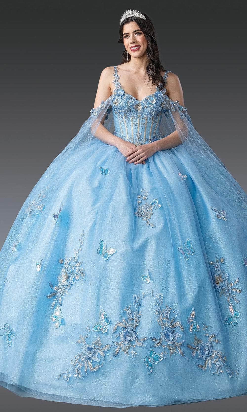 Dancing Queen 1942 - Butterfly Applique Corset Bodice Ballgown Quinceanera Dresses XS / Bahama Blue