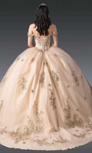 Dancing Queen 1943 - Beaded Tulle Off Shoulder Ballgown Quinceanera Dresses XS / Champagne