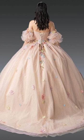 Dancing Queen 1946 - Floral Appliqued Puff Sleeve Quince Ballgown Quinceanera Dresses XS / Champagne