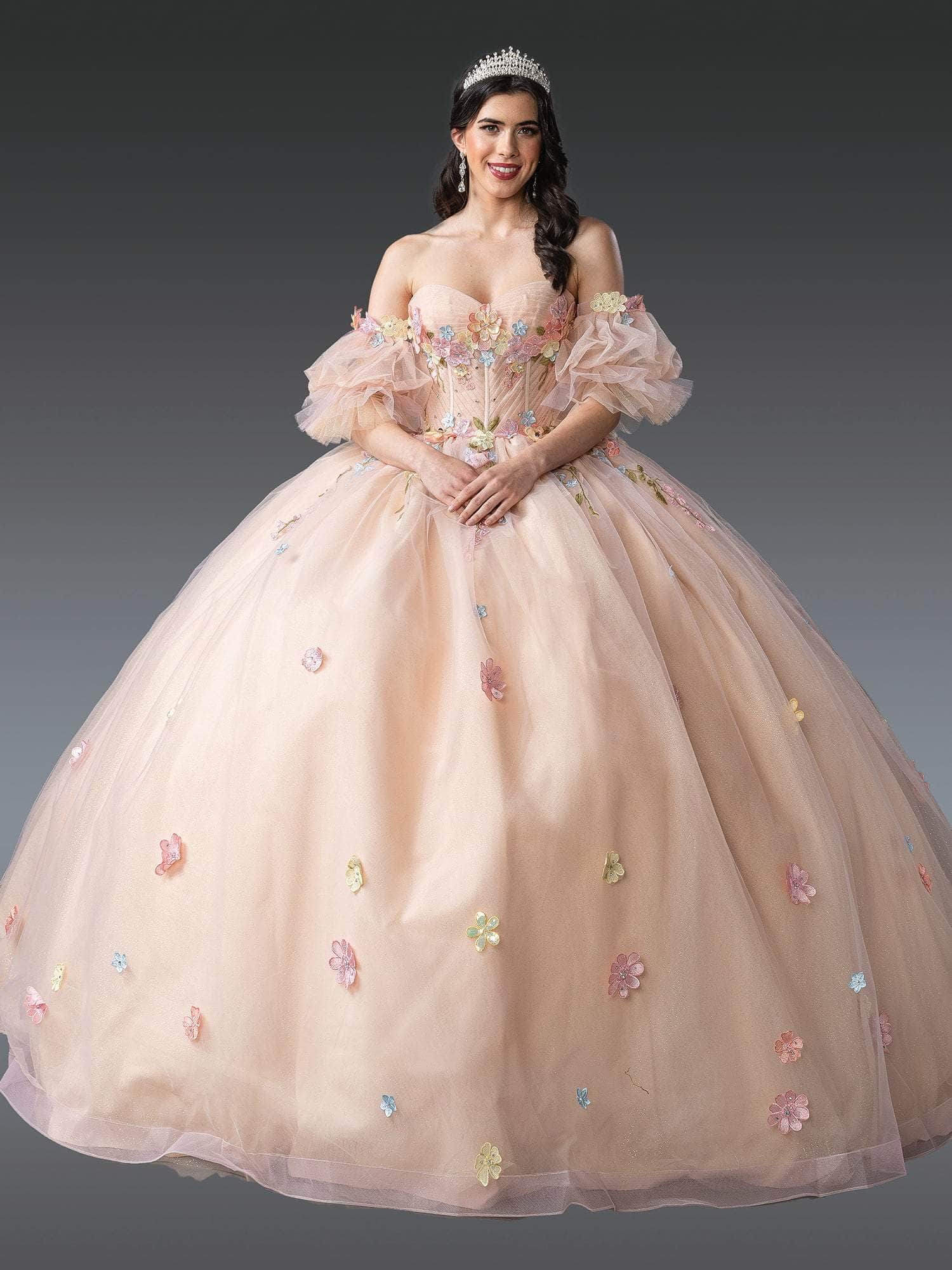 Dancing Queen 1946 - Floral Appliqued Puff Sleeve Quince Ballgown Quinceanera Dresses XS / Champagne