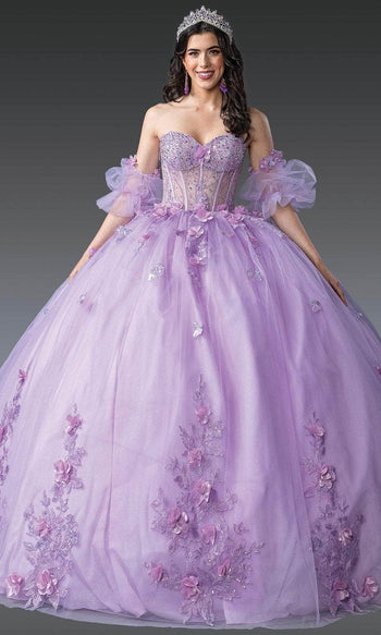Dancing Queen 1949 - Appliqued Sheer Puff Sleeve Ballgown Ball Gowns XS / Lilac