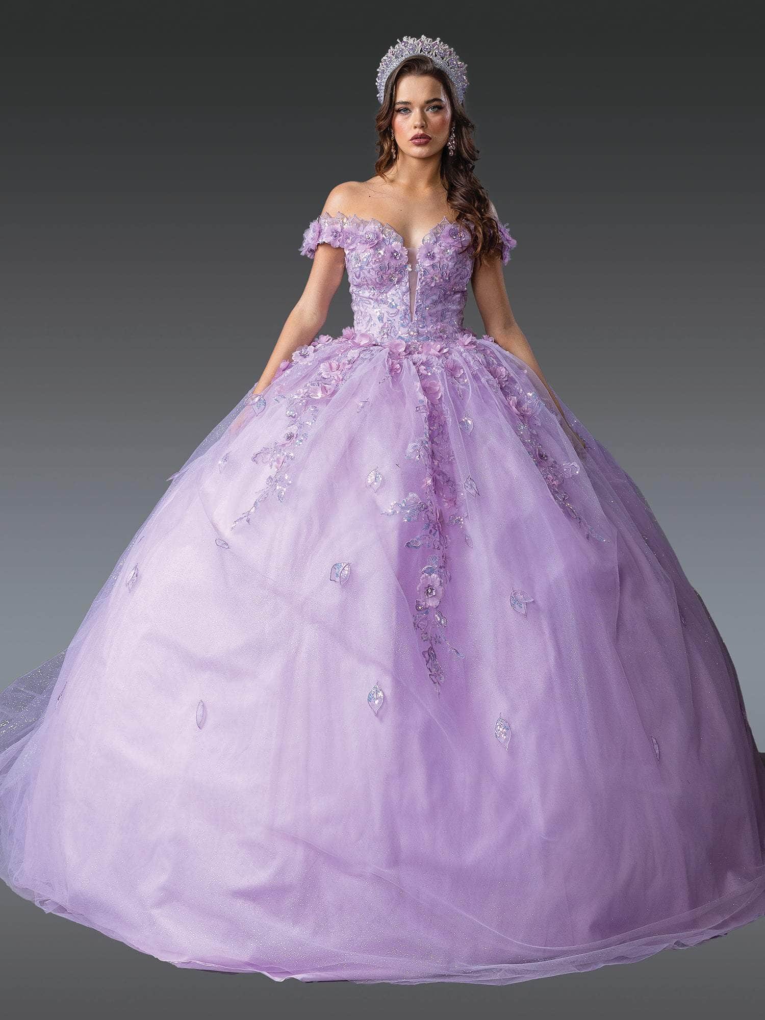 Dancing Queen 1951 - Floral Applique Plunging Sweetheart Ballgown Quinceanera Dresses XS / Lilac
