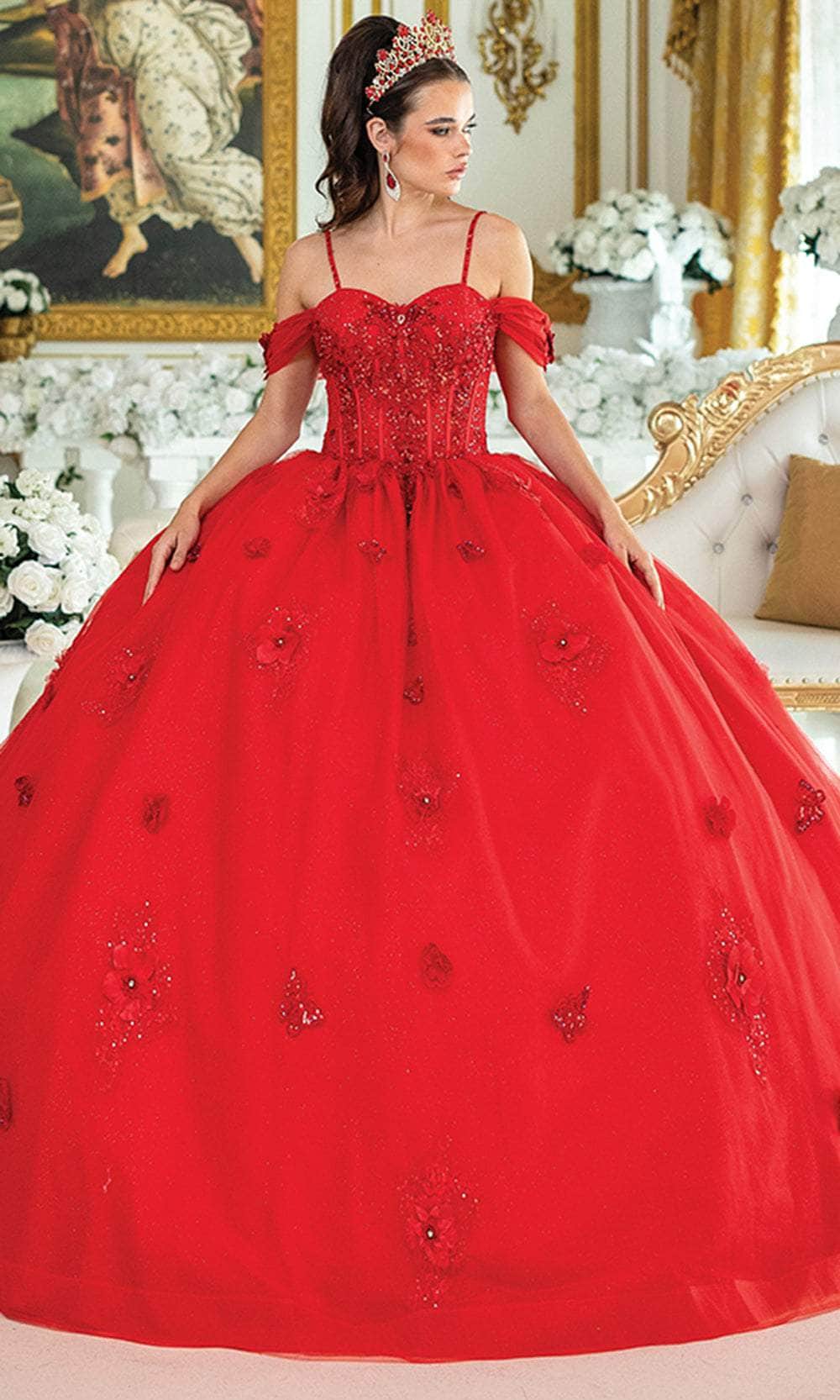 Dancing Queen 1954 - Butterfly Applique Cold Shoulder Ballgown Ball Gowns XS / Red