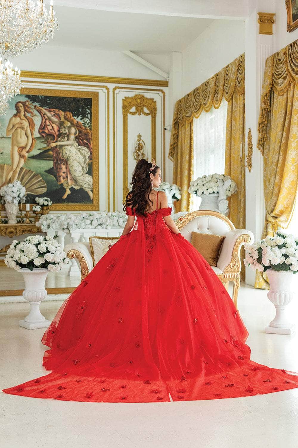 Dancing Queen 1954 - Butterfly Applique Cold Shoulder Ballgown Ball Gowns XS / Red