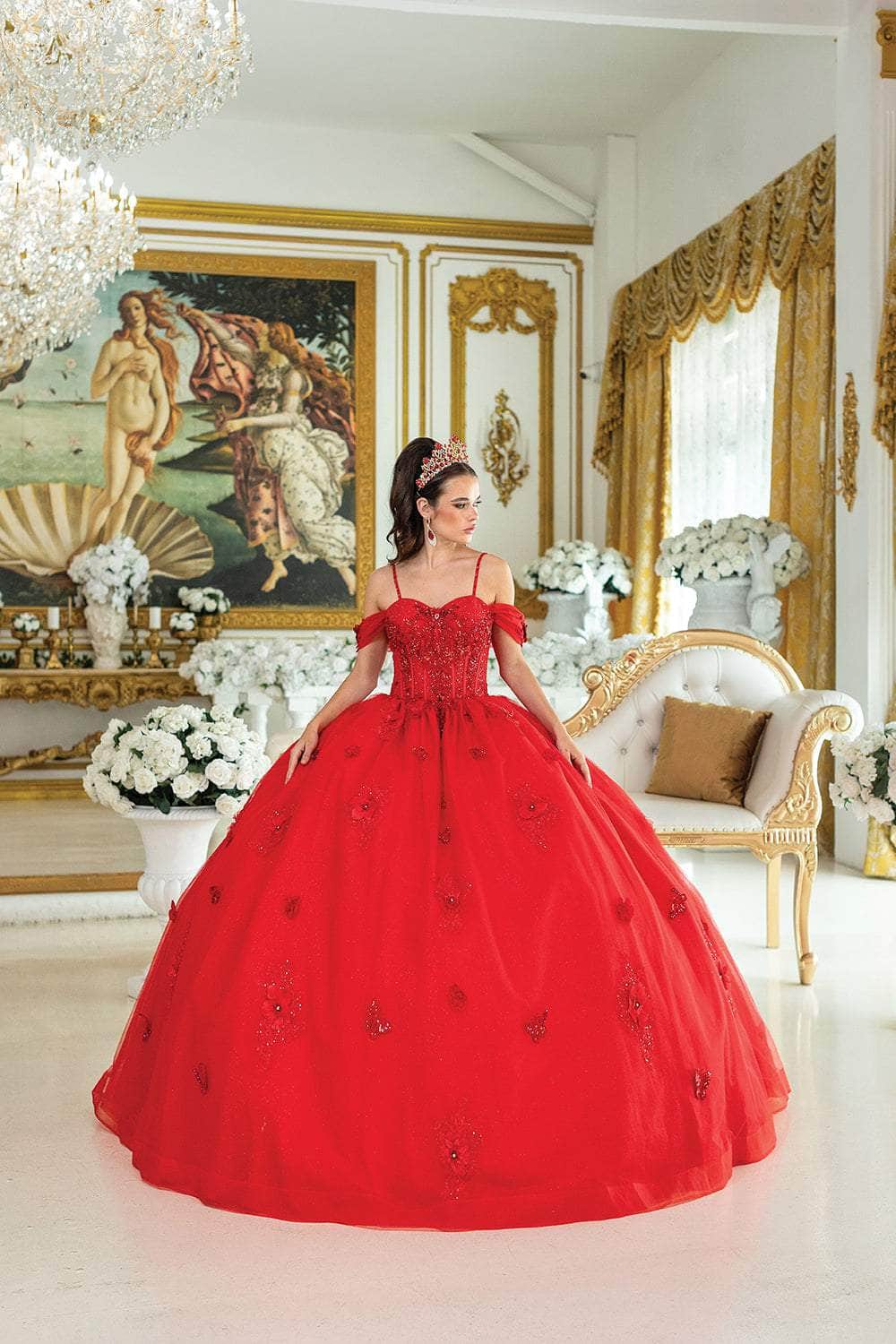 Dancing Queen 1954 - Butterfly Applique Cold Shoulder Ballgown Ball Gowns XS / Red