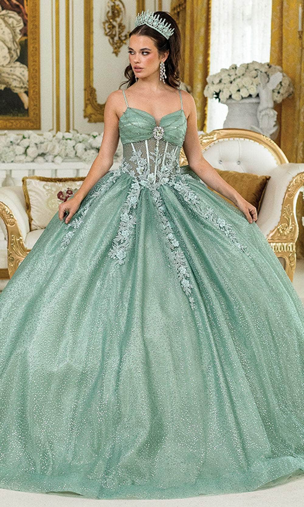 Dancing Queen 1958 – Glitter Tulle Ballgown with Sheer Corset Bodice and Floral Lace Appliqué