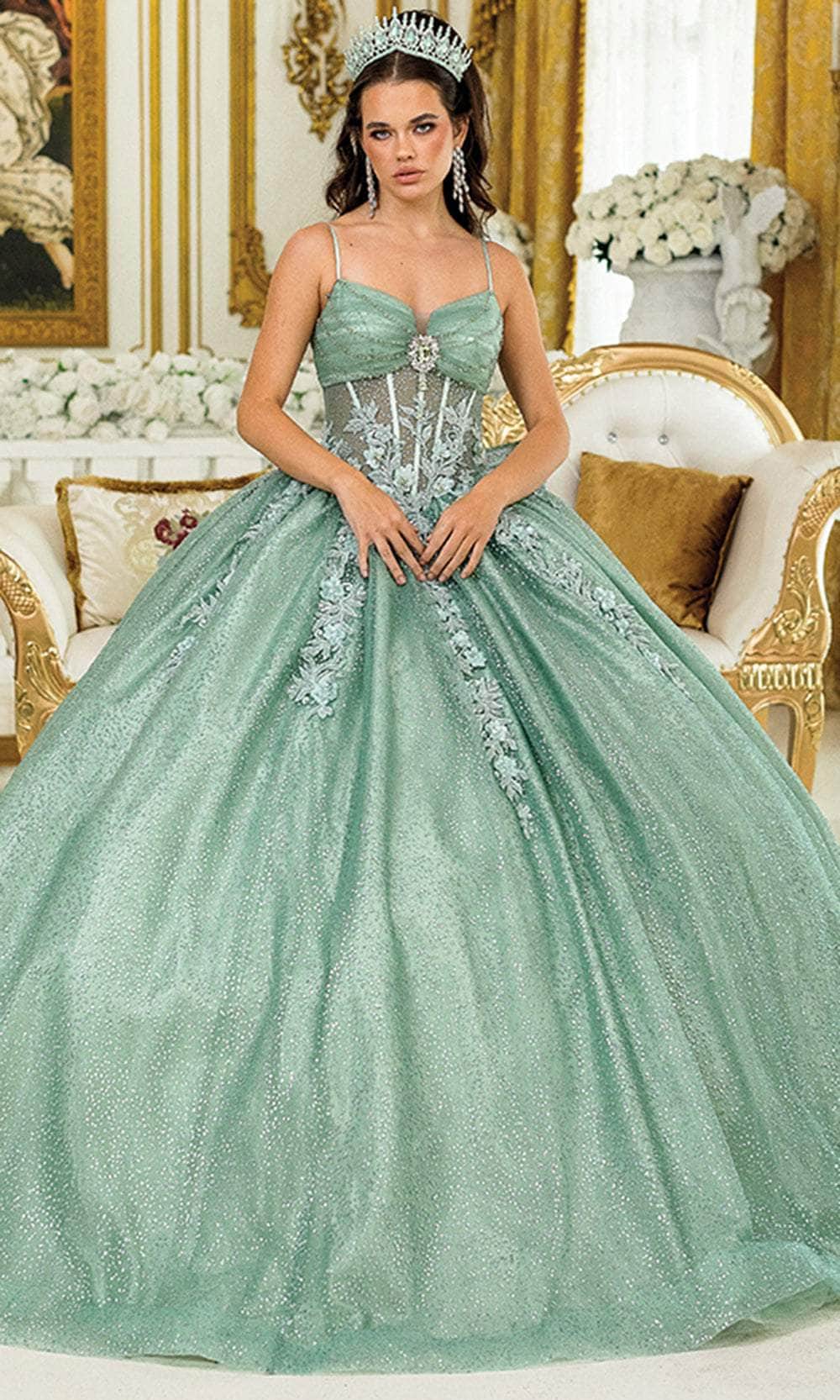 Dancing Queen 1958 – Glitter Tulle Ballgown with Sheer Corset Bodice and Floral Lace Appliqué