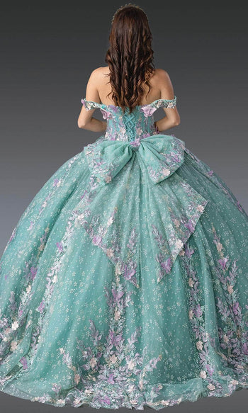 Dancing Queen 1962 - Floral Embroidered Off-Shoulder Gown Quinceanera Dresses XS / Sage/ Multi