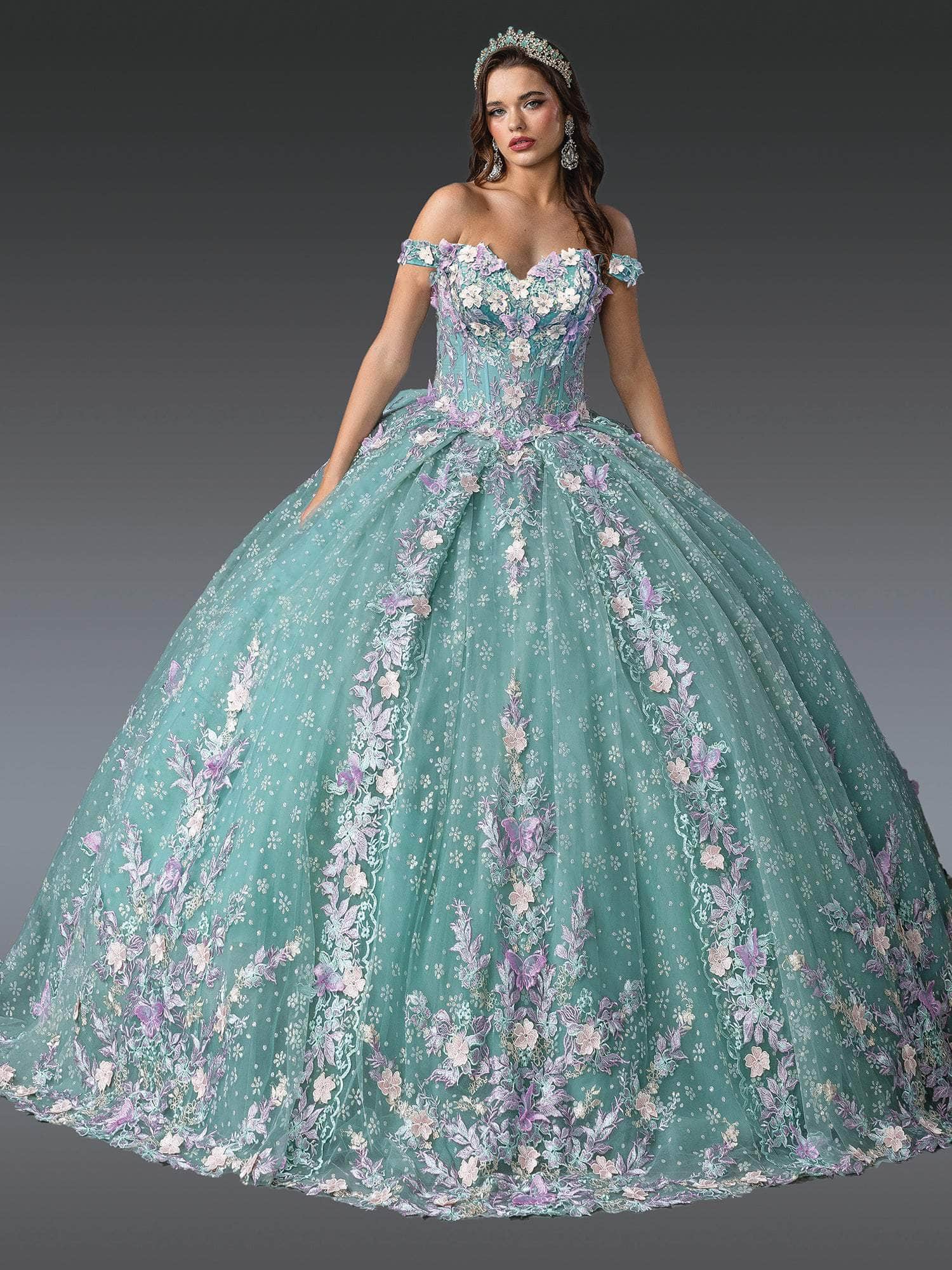 Dancing Queen 1962 - Floral Embroidered Off-Shoulder Gown Quinceanera Dresses XS / Sage/ Multi