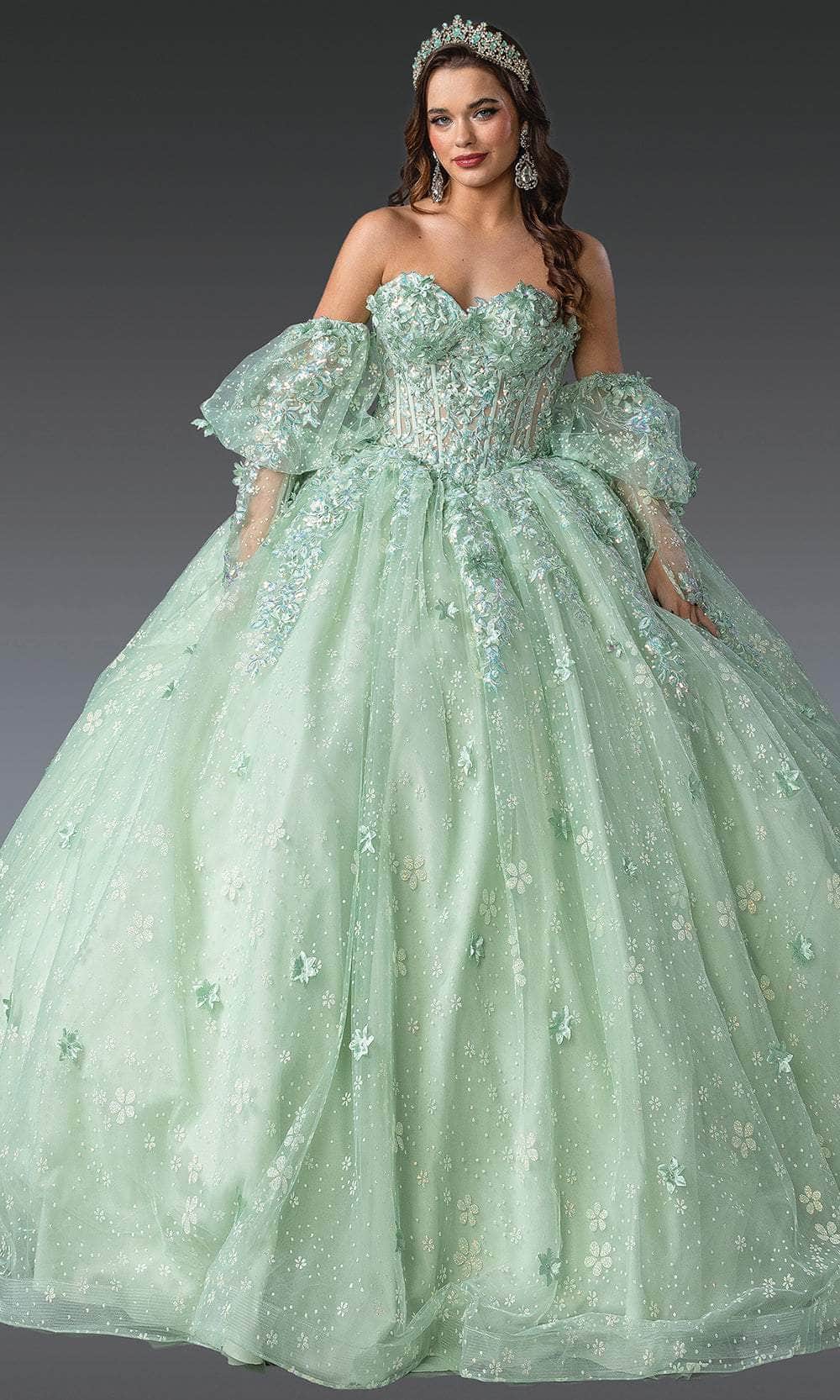 Dancing Queen 1966 - Floral Detachable Puff Sleeve Ballgown Ball Gowns XS / Sage