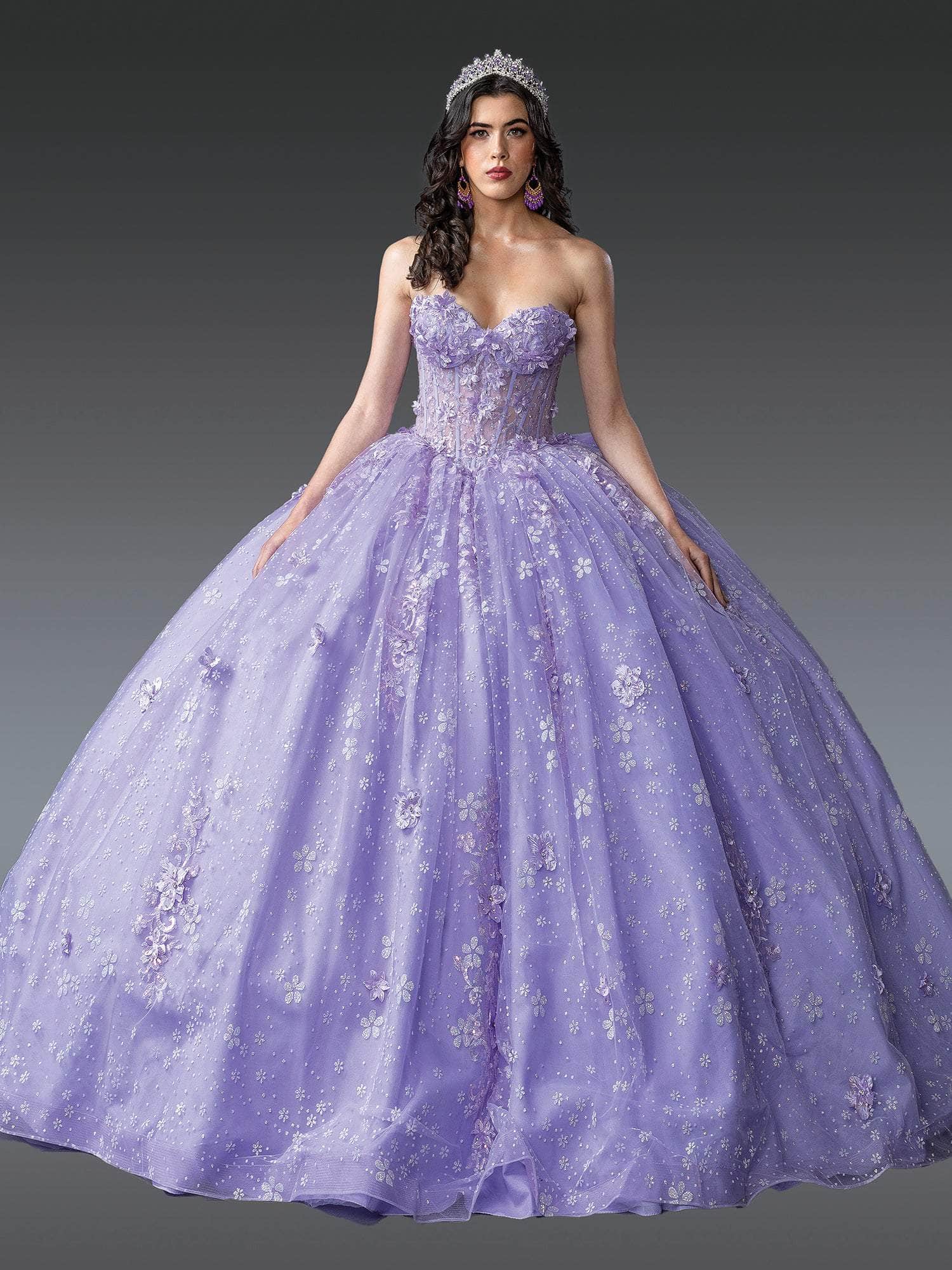 Dancing Queen 1967 - Bow Accent Strapless Floral Ballgown Quinceanera Dresses XS / Lilac