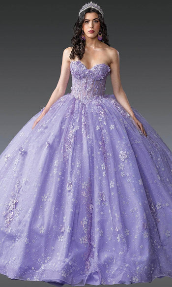 Dancing Queen 1967 - Bow Accent Strapless Floral Ballgown Quinceanera Dresses XS / Lilac