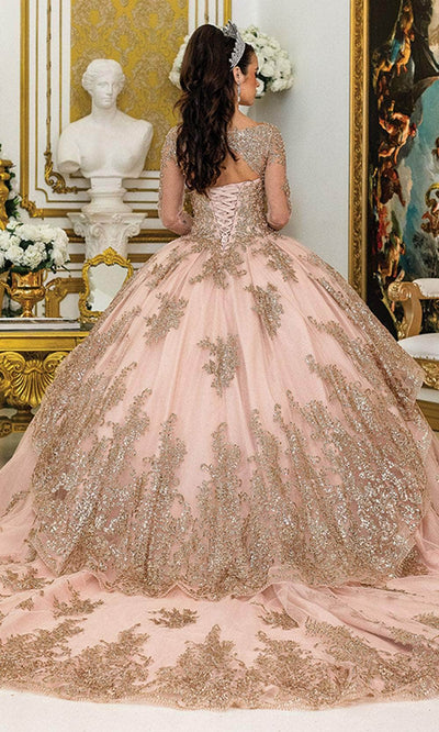 Dancing Queen 1968 - Embroidered Illusion Long Sleeve Ballgown Quinceanera Dresses XS / Rose Gold