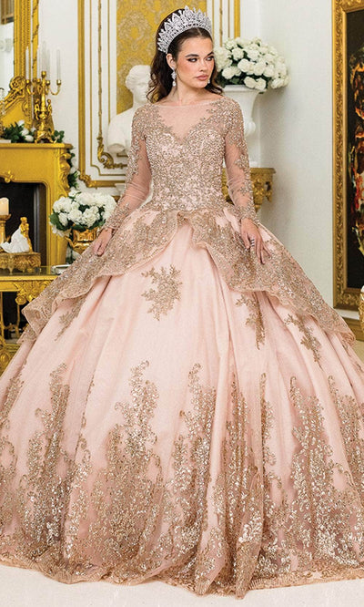 Dancing Queen 1968 - Embroidered Illusion Long Sleeve Ballgown Quinceanera Dresses XS / Rose Gold