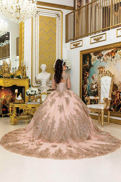 Dancing Queen 1968 - Embroidered Illusion Long Sleeve Ballgown Quinceanera Dresses XS / Rose Gold