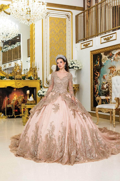 Dancing Queen 1968 - Embroidered Illusion Long Sleeve Ballgown Quinceanera Dresses XS / Rose Gold