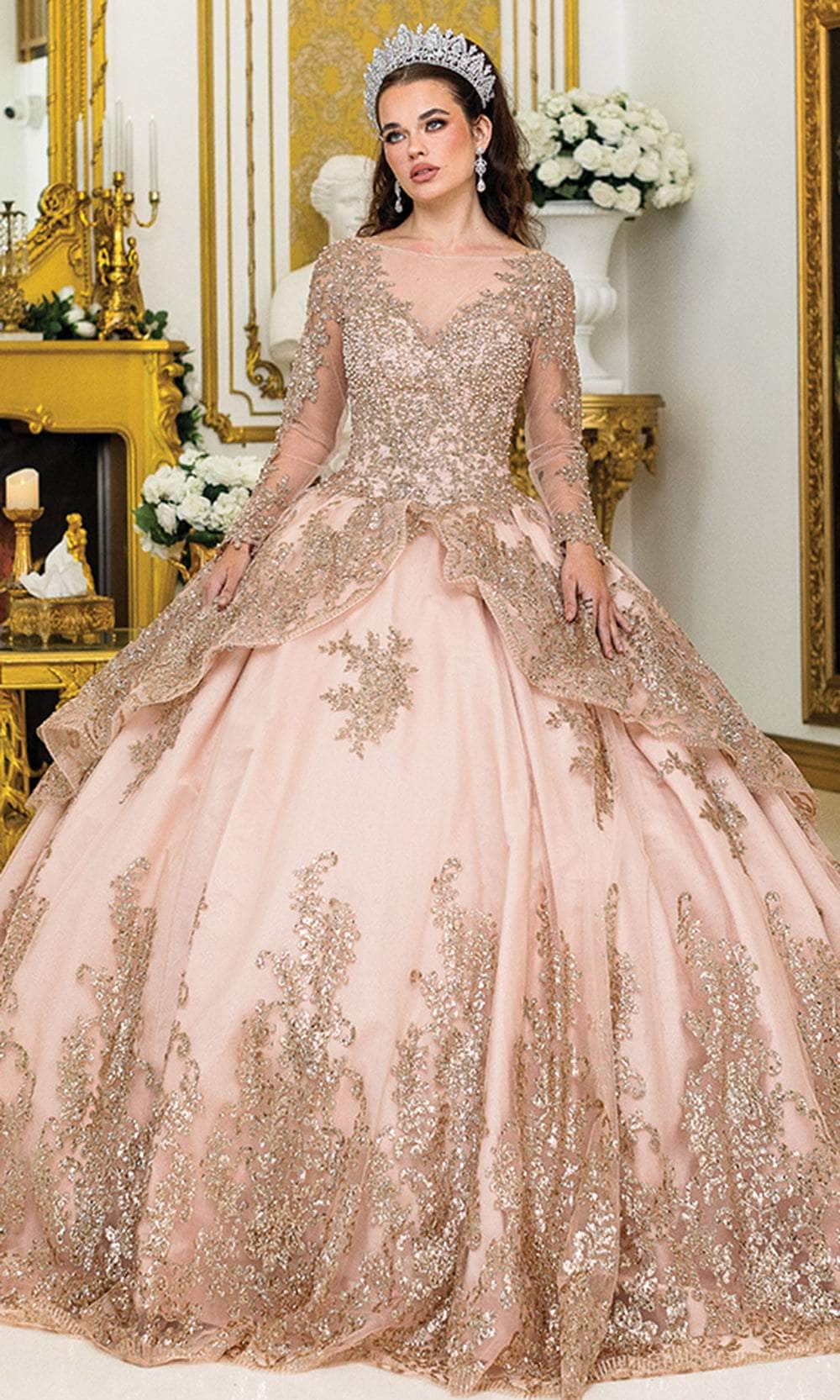 Dancing Queen 1968 - Embroidered Illusion Long Sleeve Ballgown Quinceanera Dresses XS / Rose Gold