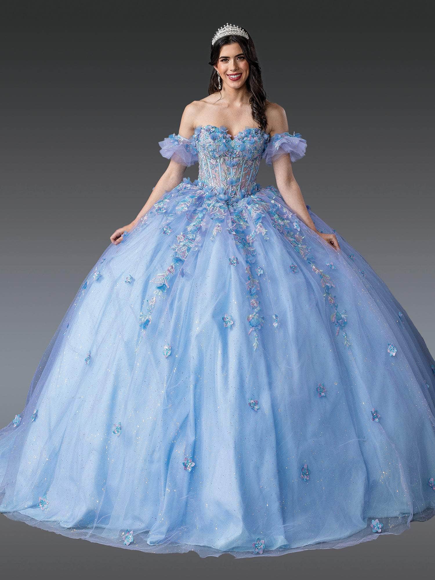 Dancing Queen 1969 - Puff Sleeve Beaded Appliqued Ballgown Quinceanera Dresses XS / Bahama Blue/Lilac