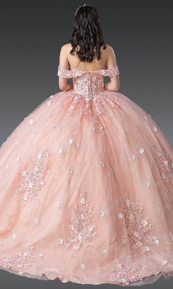 Dancing Queen 1971 - Floral Applique Glitter Tulle Ballgown Quinceanera Dresses XS / Blush
